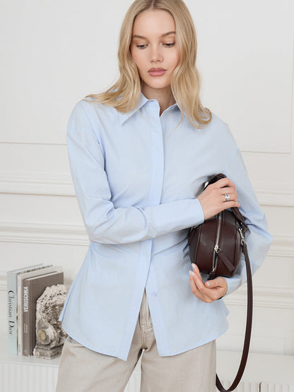 Cotton Slim-Fit Shirt Solid Color Elegant Casual Top