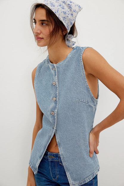 Trendy Casual Slim Fit Button Down Denim Sleeveless Top