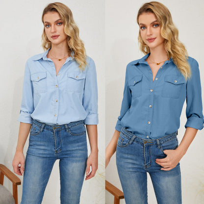 Trendy Casual Denim Button-Up Shirt with Polo Collar