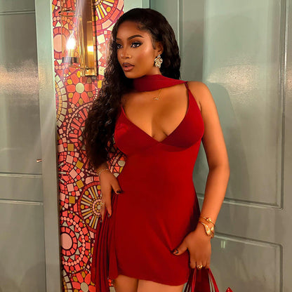 Solid Color A-Line Dress With Halter Neck And V-Neck
