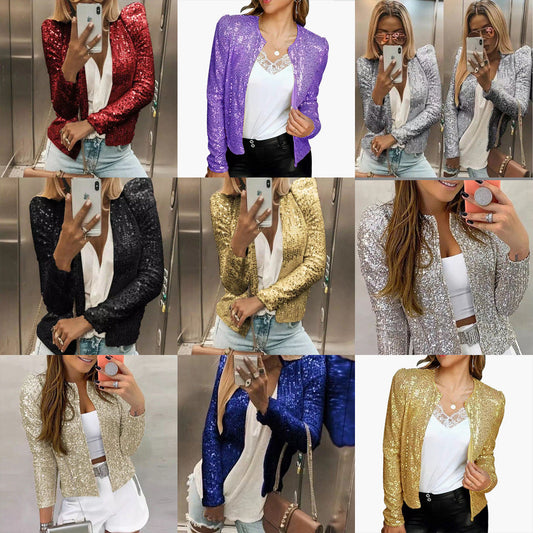 New Women'S Fashion Stand-Up Collar Color Block Color Sequin Coat Short Casual Versatile Small Coat