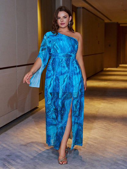 Plus Size Casual Floral One-Shoulder Maxi Dress