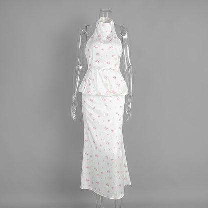 Floral Print Satin Vest Dress Set