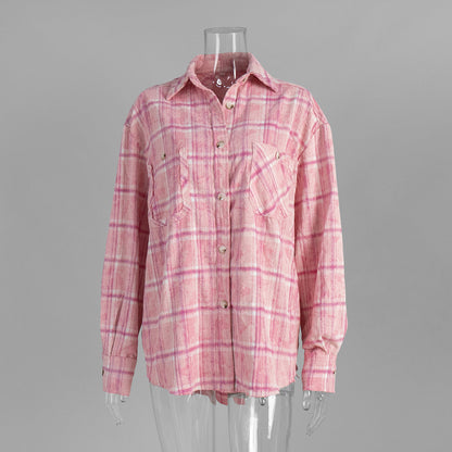 Plaid Loose-Fit Shirt Cotton Blend Casual Shirt