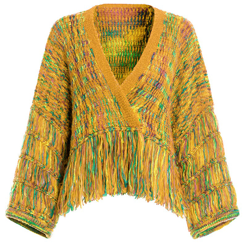 Loose Hand-Woven Rainbow Fringed Knitted Cardigan Autumn And Winter Short Sweater Coat