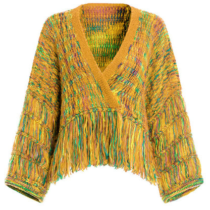 Loose Hand-Woven Rainbow Fringed Knitted Cardigan Autumn And Winter Short Sweater Coat
