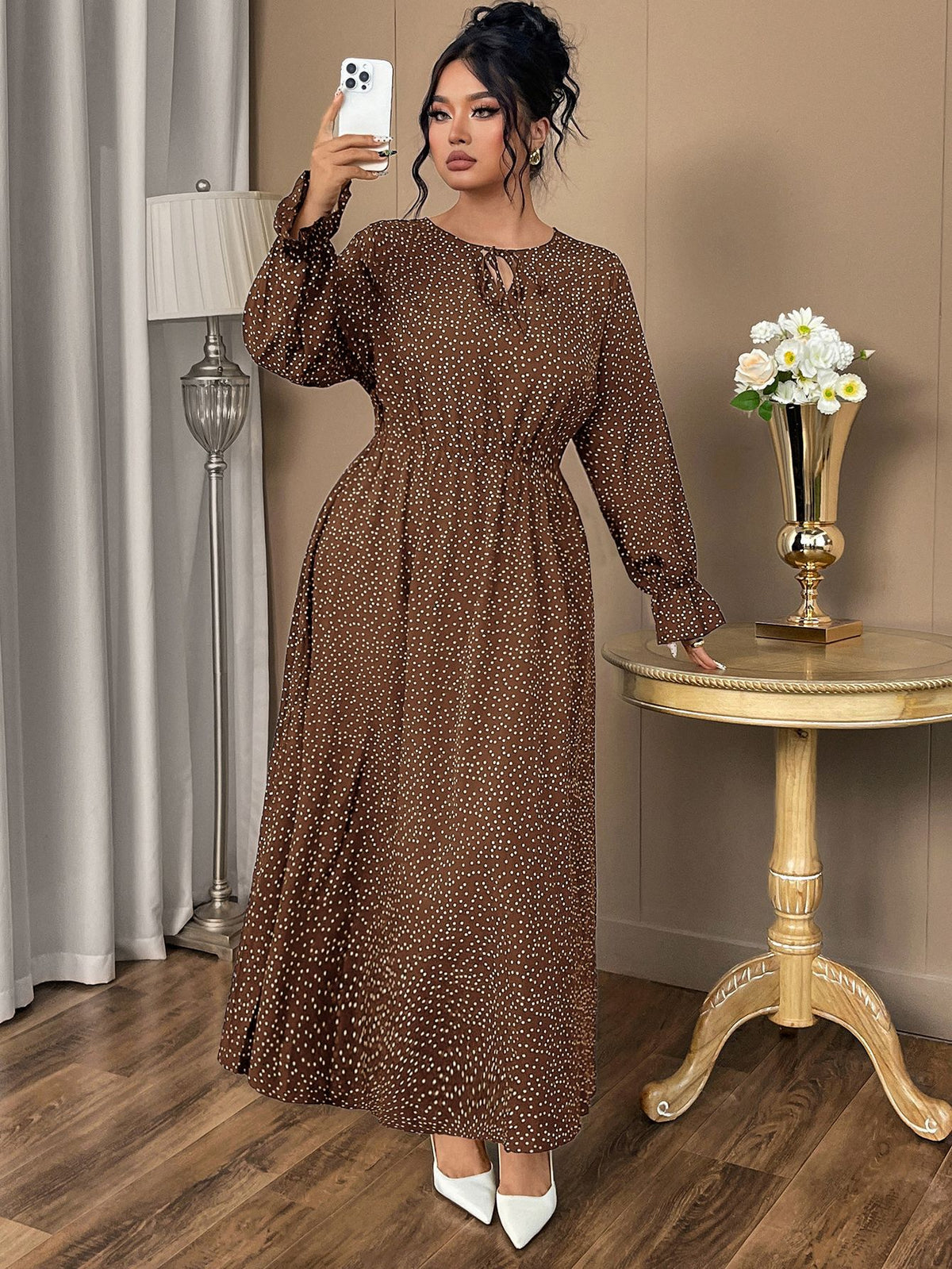 Plus Size Polka Dot Chiffon Dress with Flared Sleeves