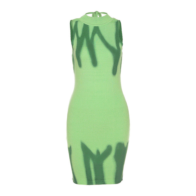 Women'S Round Neck Wrap Hip Slim Fit Color Contrast Knit Bottomed Dress