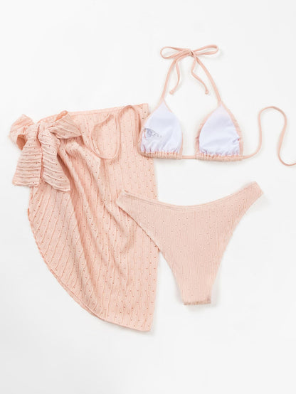 3PCS Sexy Solid Color Mesh Dress Halter Swimwear
