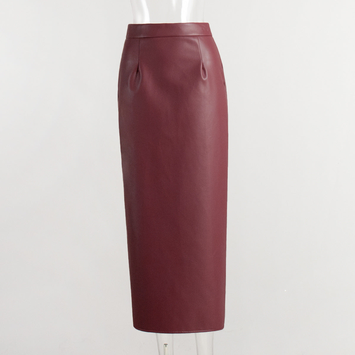 Burgundy High-Slit Bodycon PU Midi Skirt