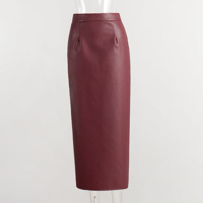 Burgundy High-Slit Bodycon PU Midi Skirt