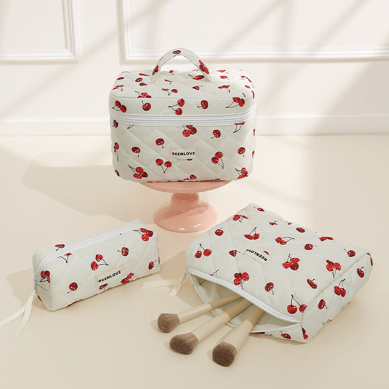 Cute Heart Print Cotton Quilted Cosmetic Bag