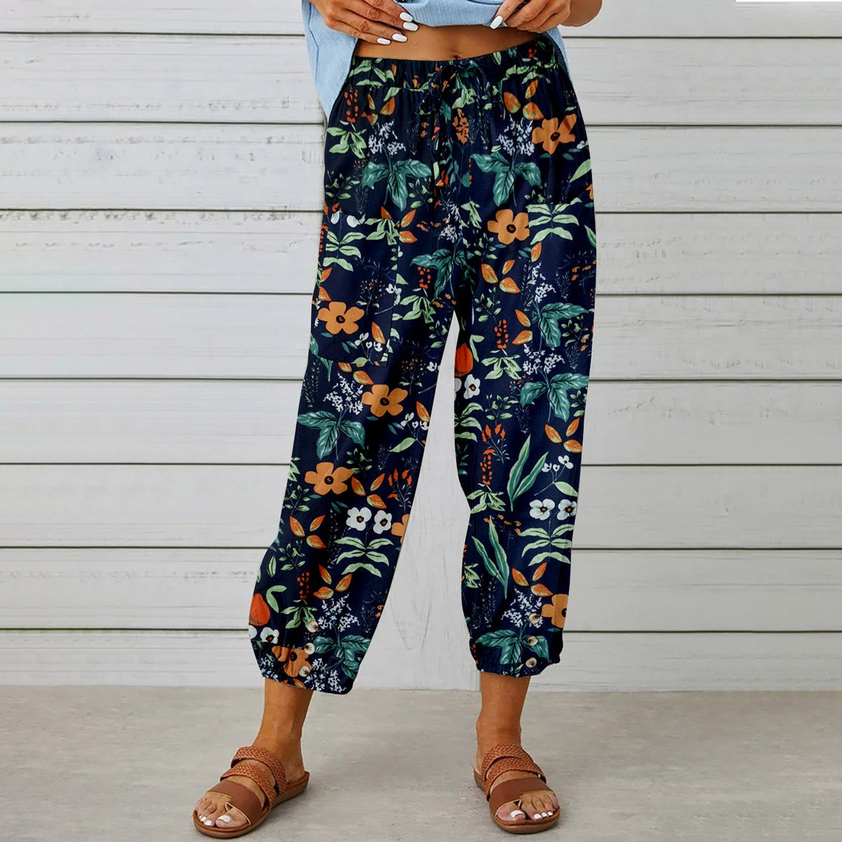 Cotton And Linen Women'S Pants High-Waisted Drawstring Cropped Pants Elasticated Waist Corset Retro Print Pants