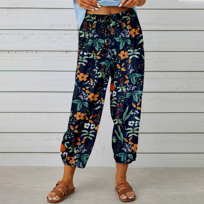 Cotton And Linen Women'S Pants High-Waisted Drawstring Cropped Pants Elasticated Waist Corset Retro Print Pants