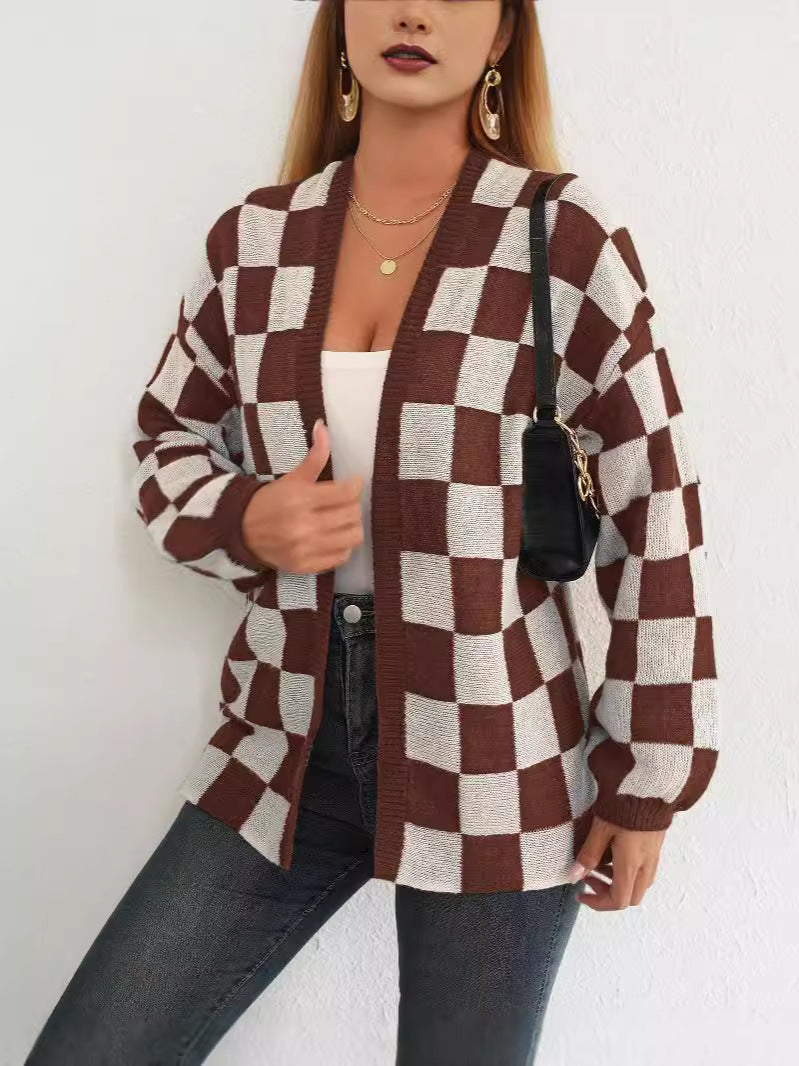 Women鈥檚 Color-Blocked Plaid Knit Cardigan Casual Sweater