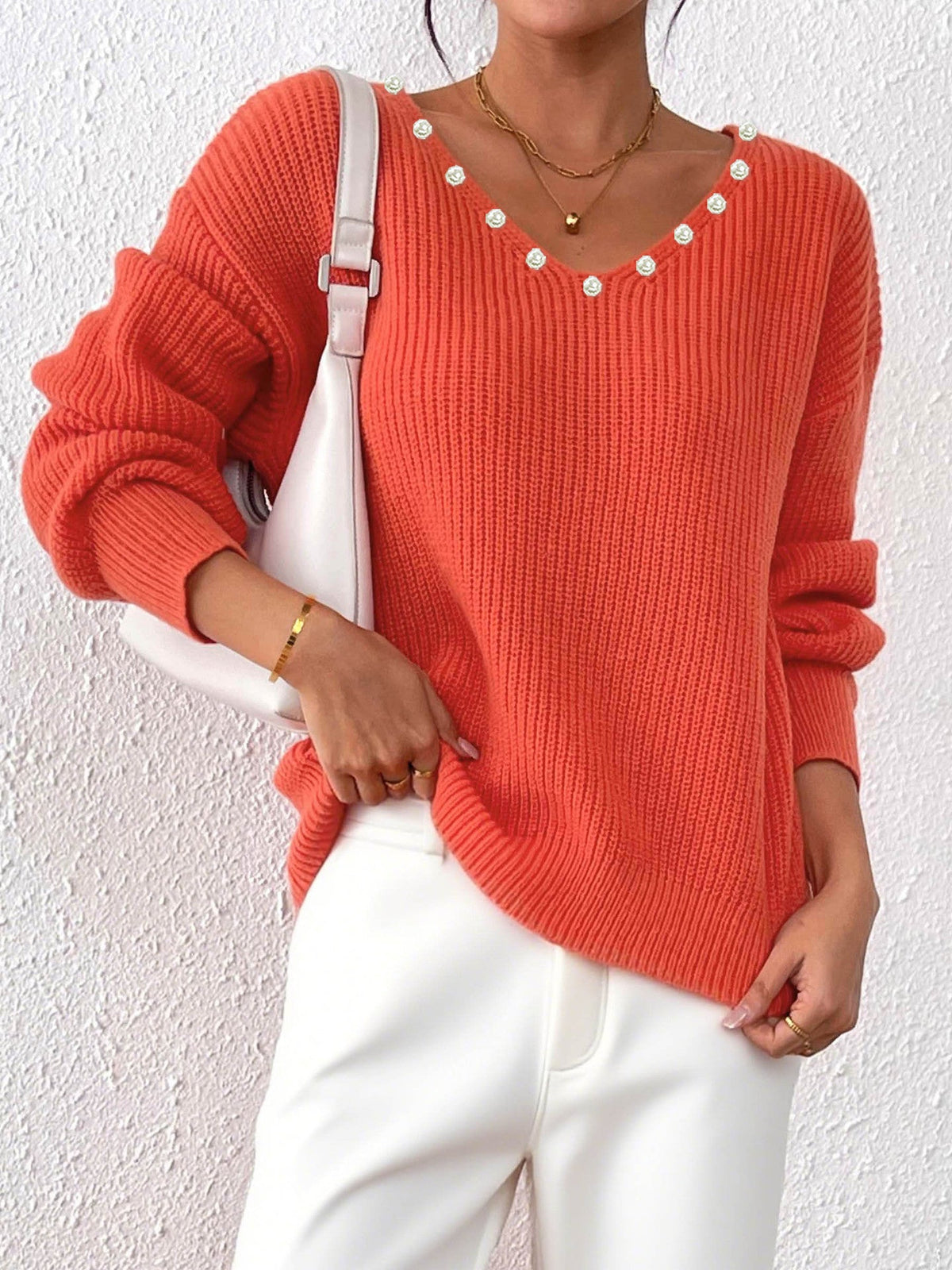 Loose Fit Pearl V-Neck Sweater For Women Casual Street Style