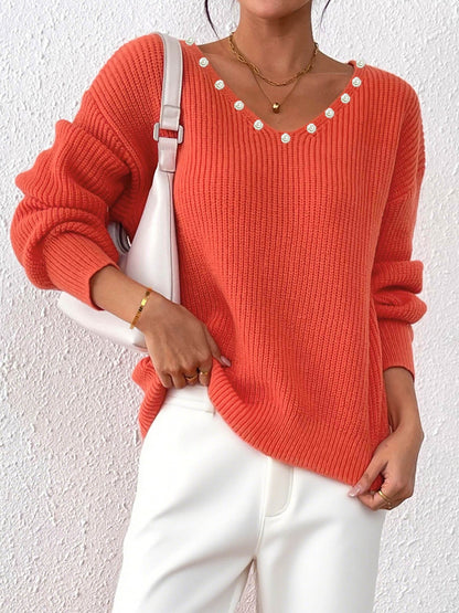 Loose Fit Pearl V-Neck Sweater For Women Casual Street Style