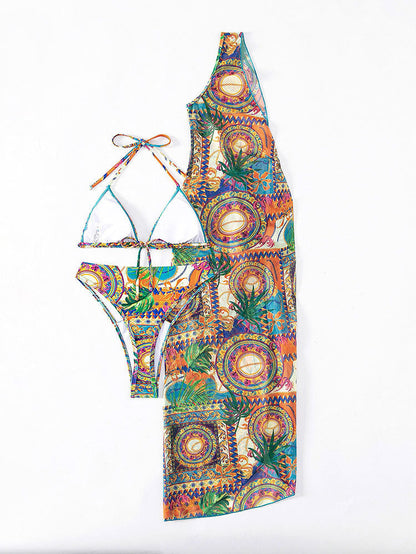 3PCS Sexy Print Halter Mesh Bikini Swimwear