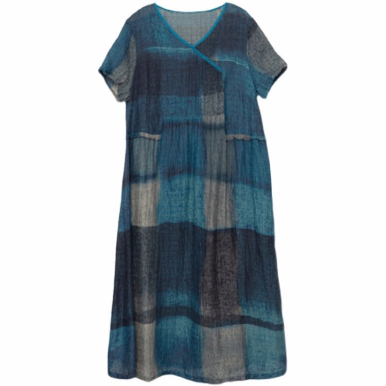 Summer New Literary And Artistic Fan Vintage Loose Plus-Size Women'S Cotton And Linen Panels Plaid Thin Dress