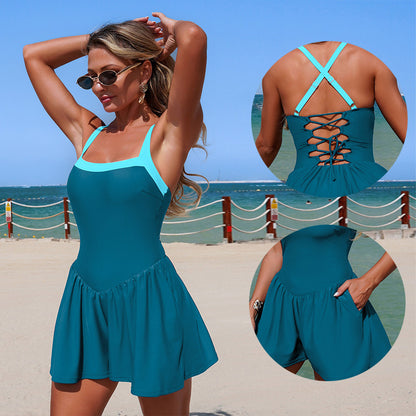 New Women'S One-Piece Color Block Swimsuit With Built-In Shorts