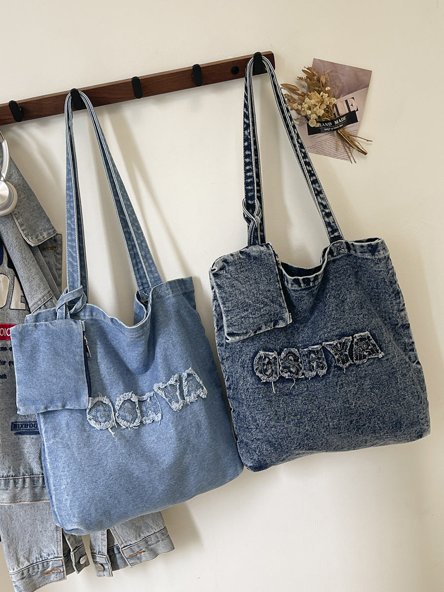 Trendy Denim Tote Bag Stylish Large Capacity Shoulder Bag