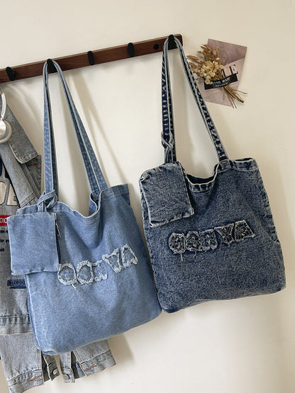 Trendy Denim Tote Bag Stylish Large Capacity Shoulder Bag