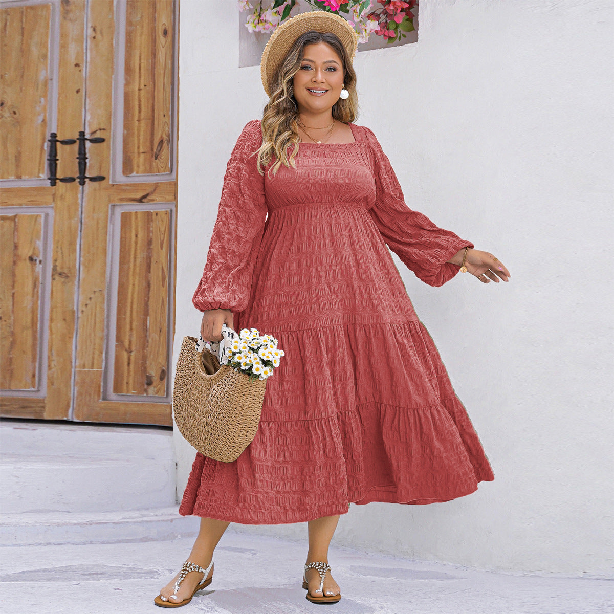 Plus Size Casual Solid Color Long Sleeve Dress