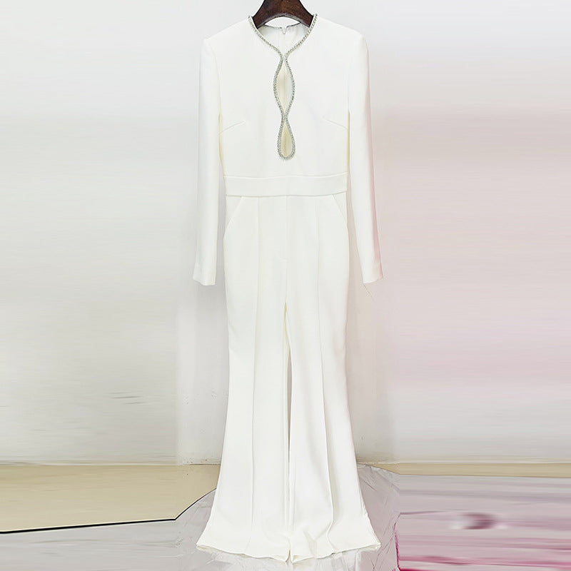 Heart Shaped Hollow Rhinestone Long Sleeve Jumpsuit Style