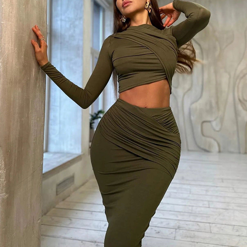 Trendy Casual Long Sleeve Crop Top And Midi Skirt Set