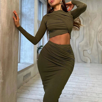 Trendy Casual Long Sleeve Crop Top And Midi Skirt Set