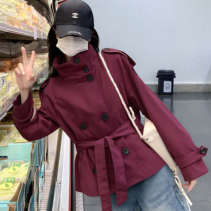 Trendy Solid Color Double-Breasted Waist Tie Short Coat