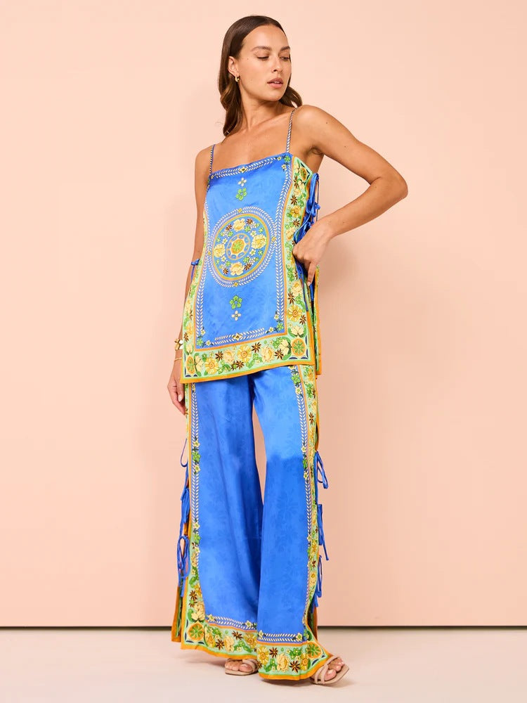 Stylish Vintage Ethnic Print Satin Lounge Set