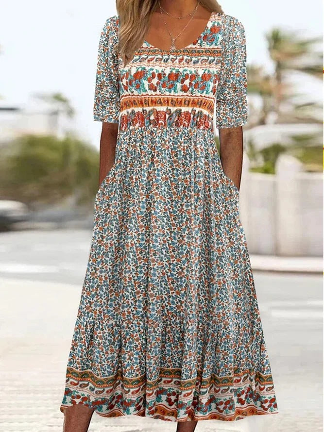 Summer New Women'S Round Neck Short Sleeve Long Skirt Bohemian Print Dress