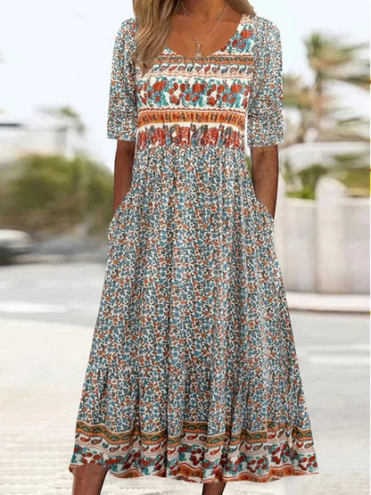 Summer New Women'S Round Neck Short Sleeve Long Skirt Bohemian Print Dress