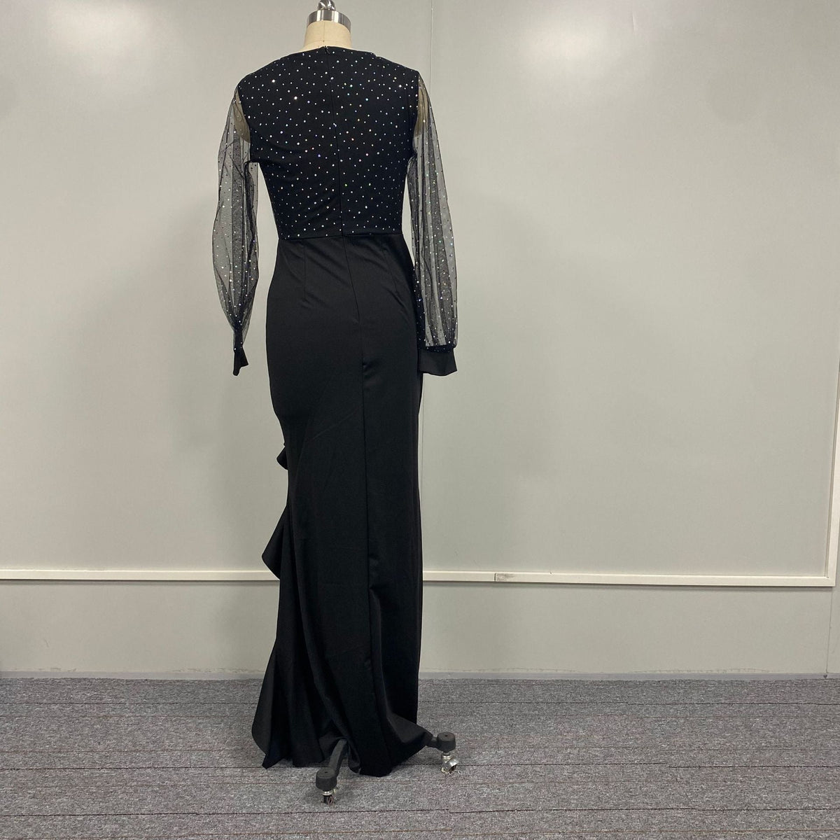 Elegant Black Midi Dress With Sheer Sequin Overlay
