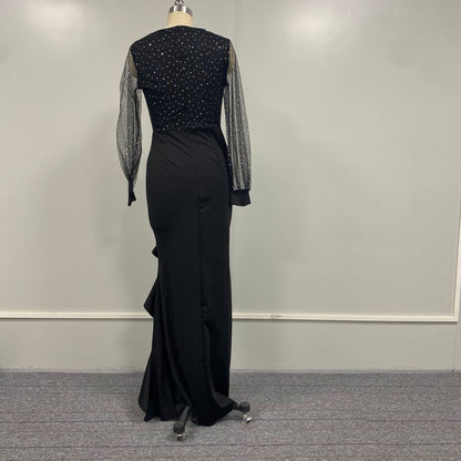 Elegant Black Midi Dress With Sheer Sequin Overlay