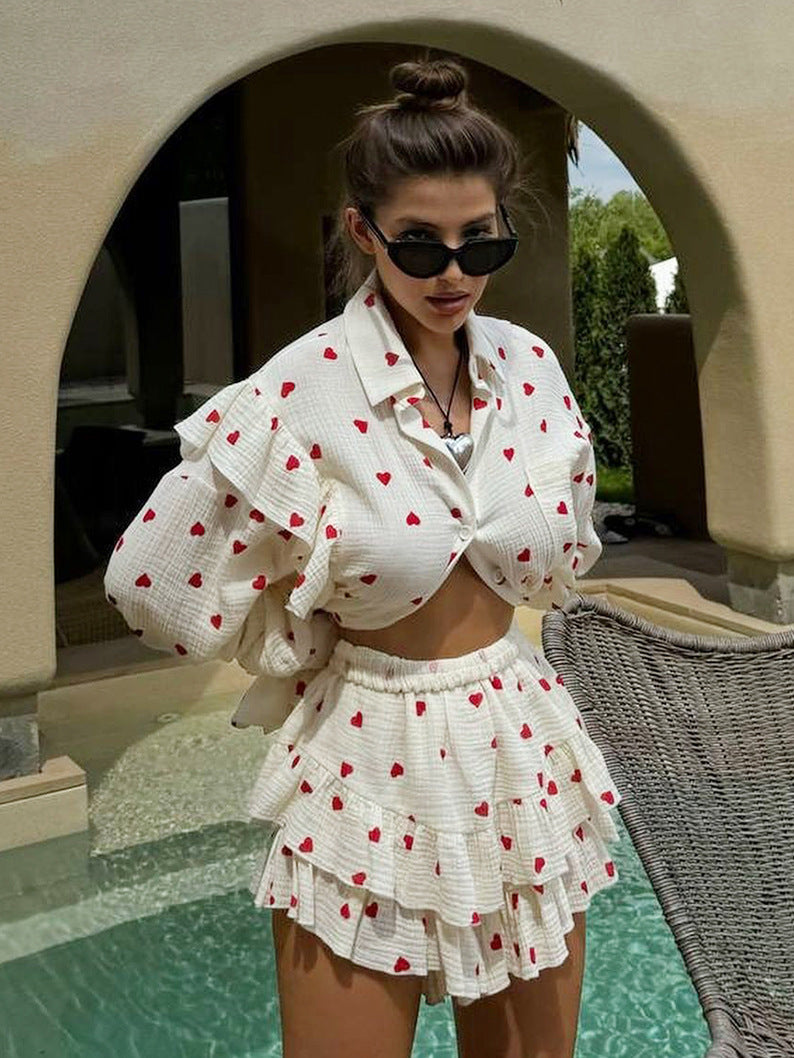 Cotton Floral Print Ruffle Sleeve Shirt & Shorts Set