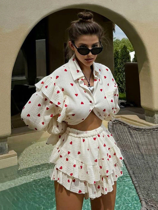 Cotton Floral Print Ruffle Sleeve Shirt & Shorts Set
