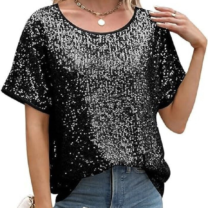 Loose Sequin Deep V-Neck Short Sleeve Top