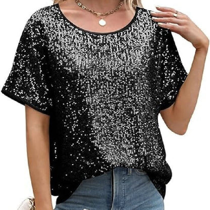 Loose Sequin Deep V-Neck Short Sleeve Top