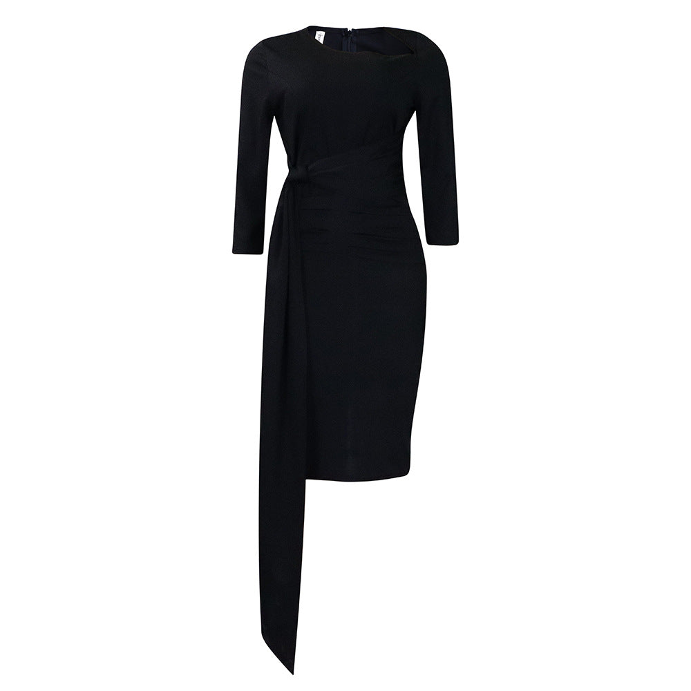 Elegant Office Midi Dress With Ruffles And Tie