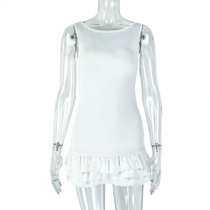 Trendy Solid Color Pleated Mini Dress With Sleeveless Round Neck