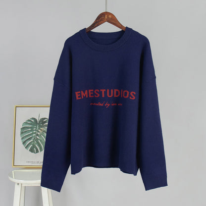 Letter Pattern Knitted Sweatshirt Casual Pullover for Women