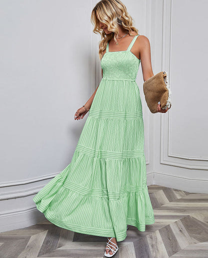 Solid Color Striped Spaghetti Long Dress
