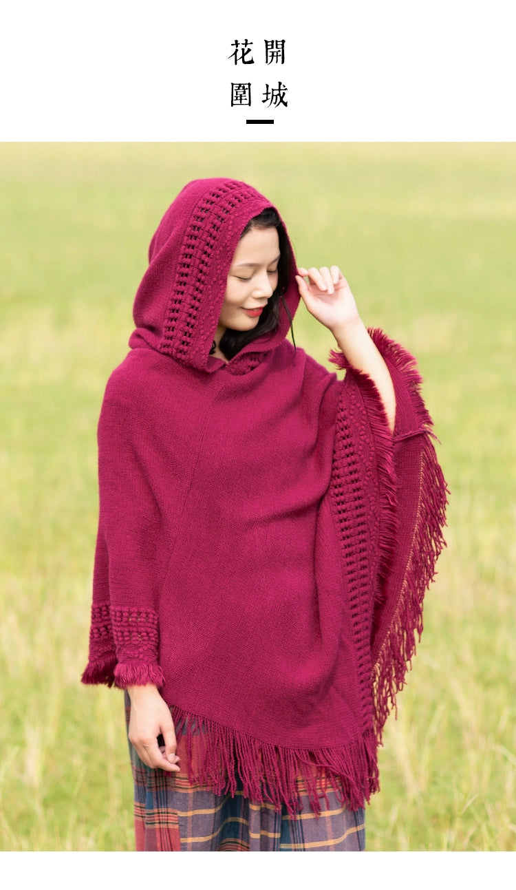 Summer Solid Color Hooded Shawl Women'S Knitting Outside With Spring And Autumn Travel Tassel Pullover Hooded Cape Shawl