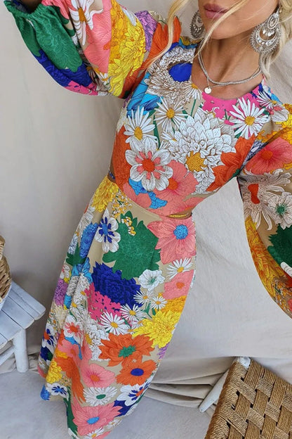 Autumn New Long Sleeve Dopamine Print Lace Up Waist Holiday Street Fashion Dress