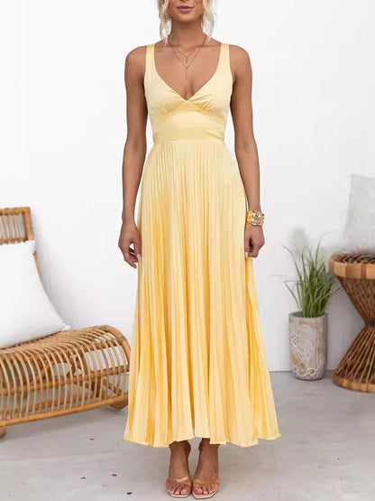 Elegant Yellow Satin A-Line Dress With V-Neck