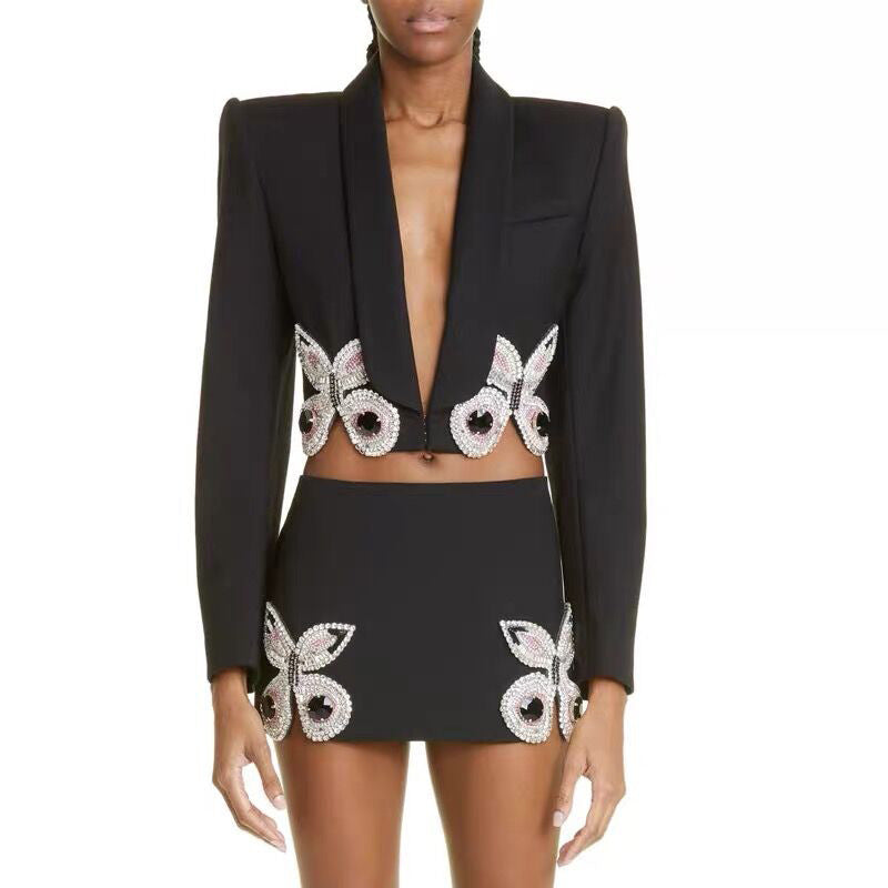 Beaded Butterfly Short Suit Skirt Set