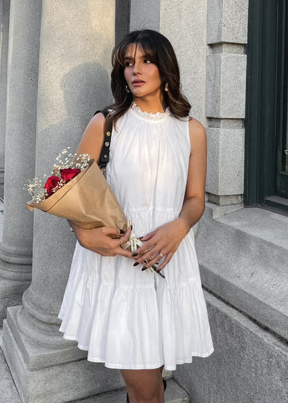 Sleeveless Mini Dress Lightweight Fabric Ruffle Neckline