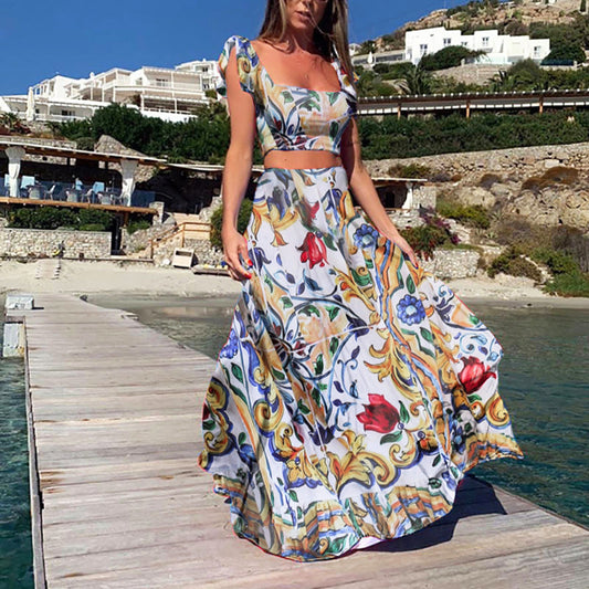 New Women'S Waist Top Fashion Sexy Dress Long Dress Two-Piece Set